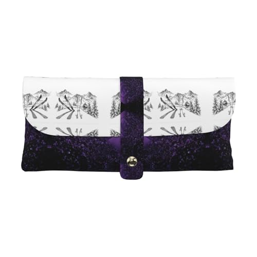 KLMELLMDE Exquisites Federmäppchen mit Ski-Thema, Schnappverschluss, Leder-Brillentasche, Schulstiftetui, Bürobedarf-Organizer, Make-up-Tasche. von KLMELLMDE