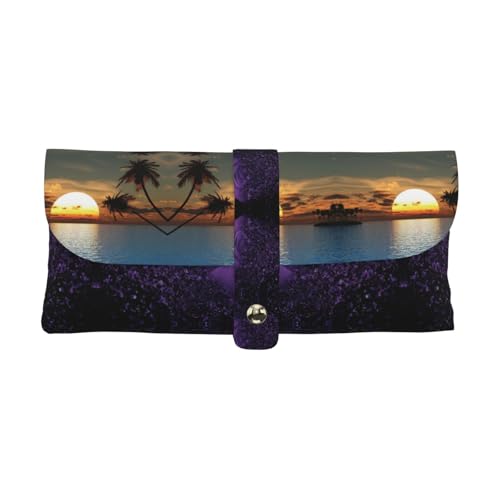 KLMELLMDE Exquisites Federmäppchen mit Sonnenaufgang am Strand, Schnappverschluss, Leder-Brillentasche, Schulstiftetui, Büro-Schreibwaren-Organizer, Make-up-Tasche von KLMELLMDE