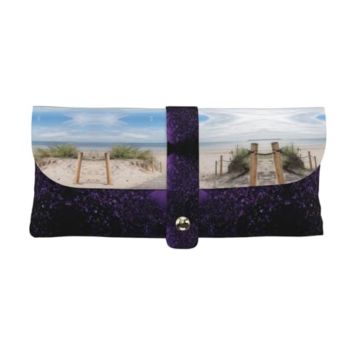 KLMELLMDE Exquisites Federmäppchen mit Strandlandschaft, Schnappverschluss, Leder-Brillentasche, Schulstiftetui, Bürobedarf-Organizer, Make-up-Tasche. von KLMELLMDE