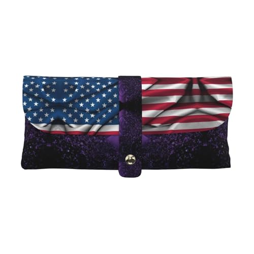 KLMELLMDE Exquisites Federmäppchen mit amerikanischer Flagge, Schnappverschluss, Leder-Brillentasche, Schulstiftetui, Bürobedarf-Organizer, Make-up-Tasche. von KLMELLMDE
