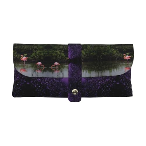 KLMELLMDE Exquisites Federmäppchen mit zwei Flamingos, Schnappverschluss, Leder, Brillentasche, Schulstiftetui, Bürobedarf-Organizer, Make-up-Tasche. von KLMELLMDE