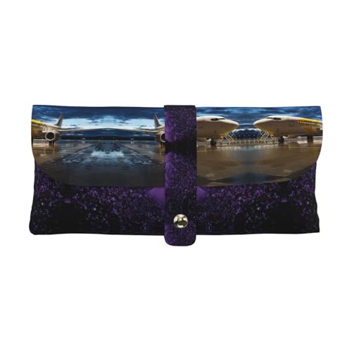 KLMELLMDE Exquisites Flugzeug im Abendlicht-Stiftetui, Schnappverschluss, Leder-Brillentasche, Schulstiftetui, Bürobedarf-Organizer, Make-up-Tasche. von KLMELLMDE