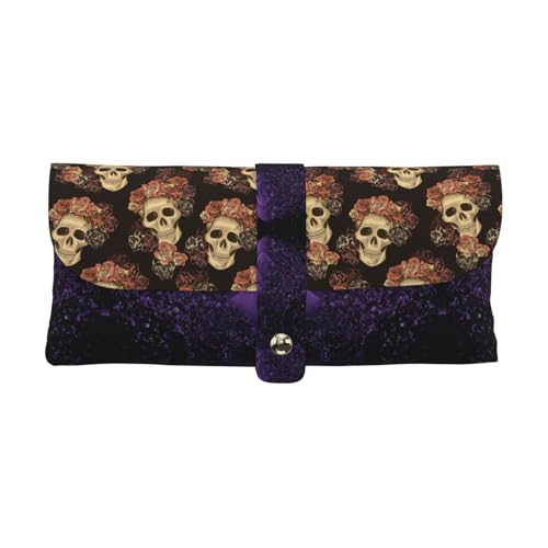 KLMELLMDE Exquisites Stifteetui mit Rosen-Schädel, Schnappverschluss, Leder, Brillentasche, Schulstiftetui, Bürobedarf-Organizer, Make-up-Tasche von KLMELLMDE