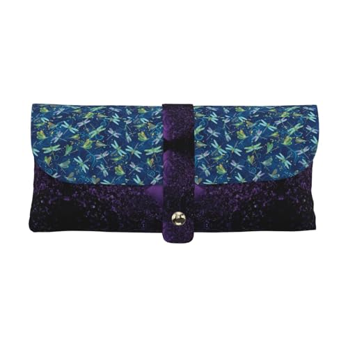 KLMELLMDE Exquisites blaues Libellen-Federmäppchen, Schnappverschluss, Leder-Brillentasche, Schulstiftetui, Büro-Schreibwaren-Organizer, Make-up-Tasche von KLMELLMDE