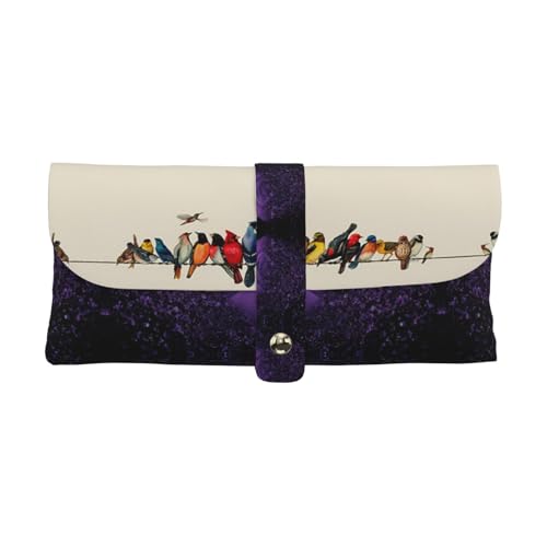 KLMELLMDE Exquisites buntes Vogel-Federmäppchen, Schnappverschluss, Leder-Brillenetui, Schul-Federmäppchen, Bürobedarf-Organizer, Make-up-Tasche. von KLMELLMDE