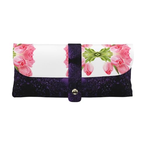 KLMELLMDE Exquisites hübsches rosa Blumen-Stiftetui, Schnappverschluss, Leder-Brillentasche, Schulstifte-Etui, Büro-Schreibwaren-Organizer, Make-up-Tasche. von KLMELLMDE