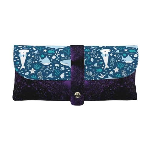 KLMELLMDE Exquisites süßes Federmäppchen mit blauem Fischmotiv, Schnappverschluss, Leder-Brillentasche, Schulstifte-Etui, Büro-Schreibwaren-Organizer, Make-up-Tasche. von KLMELLMDE