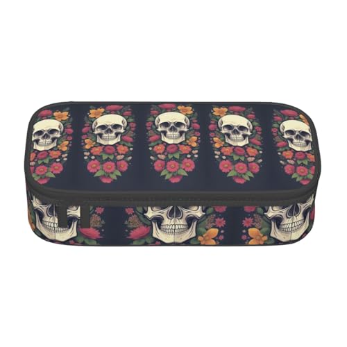 KLMELLMDE Federmäppchen mit großem Fassungsvermögen, Totenkopf- und Blumenmotiv, Organisation, Federmäppchen, Schul-Bleistifttasche, Bürobedarf-Organizer, Kosmetiktasche. von KLMELLMDE