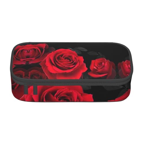 KLMELLMDE Federmäppchen mit großem Fassungsvermögen, rote Rose, Blumenmuster, Federmäppchen, Schul-Bleistifttasche, Bürobedarf-Organizer, Kosmetiktasche. von KLMELLMDE