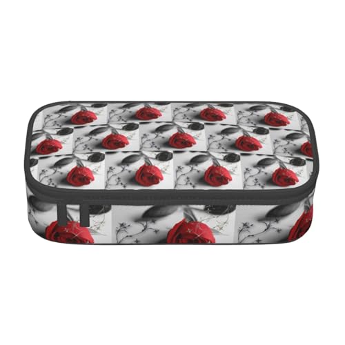KLMELLMDE Federmäppchen mit großem Fassungsvermögen, rote Rose, Federmäppchen, Federmäppchen, Schul-Bleistifttasche, Bürobedarf-Organizer, Kosmetiktasche. von KLMELLMDE