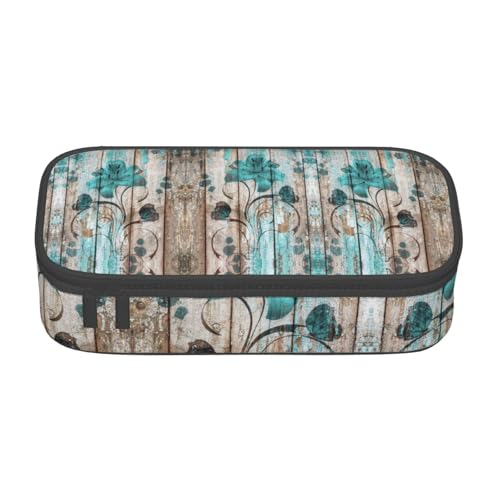 KLMELLMDE Große Kapazität Blaugrün Blume auf Holzplanke Federmäppchen Organisation Bleistiftbeutel Schule Bleistift Beutel Büro Schreibwaren Organizer Kosmetiktasche von KLMELLMDE