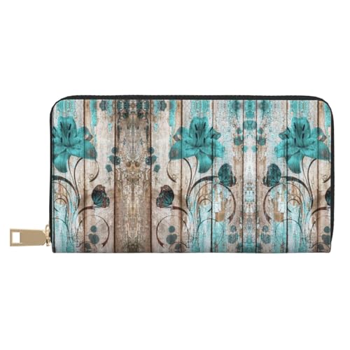 KLMELLMDE Herren Damen Teal Flower On Wooden Plank Wallet Bedruckte Kartenetui Multi-Fach (mit Münzfach, Kreditkartenfächern, Geldscheinfach, weiß, Einheitsgröße, Modern von KLMELLMDE