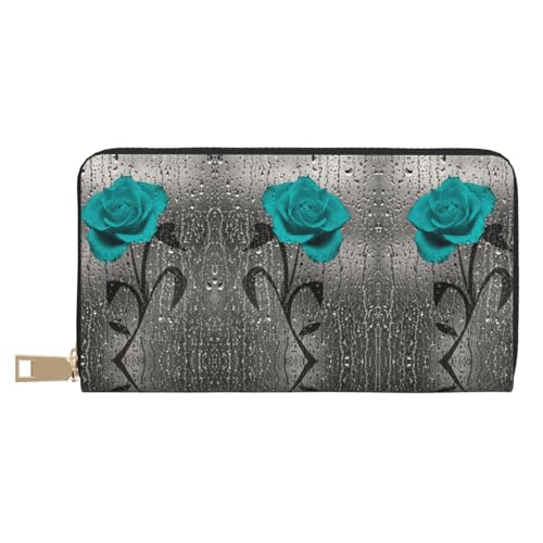KLMELLMDE Herren Damen Teal Gray Rose Flower Wallet Bedrucktes Kartenetui Multi-Fach (mit Münzfach, Kreditkartenfächern, Geldscheinfach, weiß, Einheitsgröße, Modern von KLMELLMDE