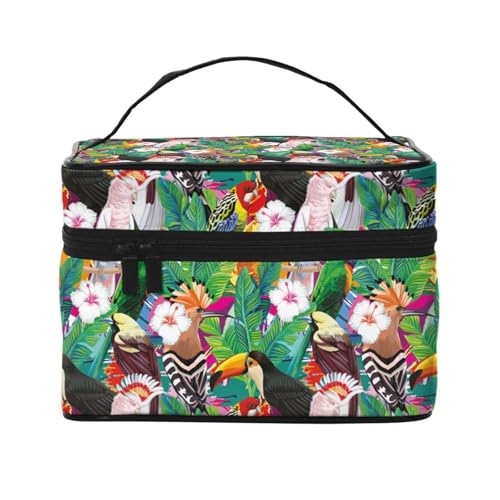 Kosmetiktasche mit tropischen Vögeln und Pflanzenblättern, Reise-Kosmetiktasche, Kosmetik-Werkzeugkasten, Kosmetik-Organizer, Schwarz , Einheitsgröße von KLMELLMDE