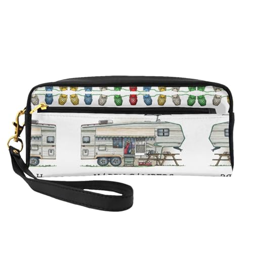 Mini Happy Camper Kosmetiktasche, Leder, Hand-Kosmetik-Organizer, Reißverschluss, Stifteetui, Kulturbeutel, Kosmetik-Reisetasche, Schwarz , Einheitsgröße von KLMELLMDE