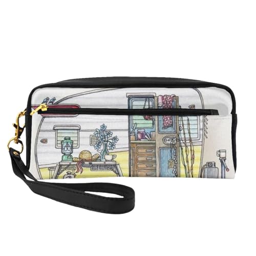 Mini Happy Campers Kosmetiktasche, Leder, Hand-Kosmetik-Organizer, Reißverschluss, Stifteetui, Kulturbeutel, Kosmetik-Reisetasche, Schwarz , Einheitsgröße von KLMELLMDE