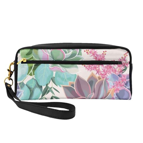 Mini-Kosmetiktasche, bunt, Sukkulenten, Leder, Hand-Kosmetik-Organizer, Reißverschluss, Stifteetui, Kulturbeutel, Kosmetik-Reisetasche, Schwarz , Einheitsgröße von KLMELLMDE