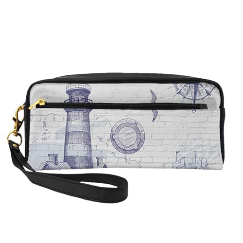 Mini-Kosmetiktasche mit Segelboot, Kompass, Leder, Hand-Kosmetik-Organizer, Reißverschluss, Stifteetui, Kulturbeutel, Kosmetik-Reisetasche, Schwarz , Einheitsgröße von KLMELLMDE