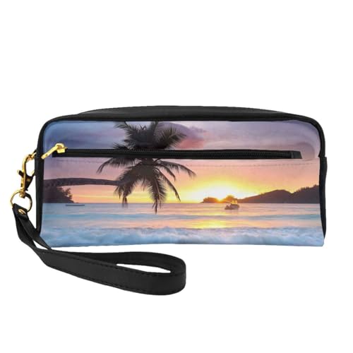 Mini-Kosmetiktasche mit Sonnenaufgang, tropische Palmeninsel, Leder, Hand-Kosmetik-Organizer, Reißverschluss, Stifteetui, Kulturbeutel, Kosmetiktasche, Schwarz , Einheitsgröße von KLMELLMDE