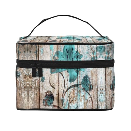 Reise-Kosmetiktasche, Blaugrün, Blume auf Holzdielen, Reise-Kosmetiktasche, Kosmetik-Werkzeugkasten, Kosmetik-Organizer, Schwarz , Einheitsgröße von KLMELLMDE