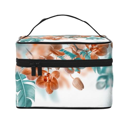 Reise-Kosmetiktasche, Blaugrün und Orange Orchidee, Kosmetiktasche, Kosmetik-Organizer, Kosmetiktasche, Schwarz , Einheitsgröße von KLMELLMDE