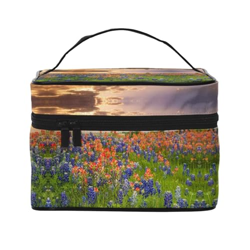 Reise-Kosmetiktasche, Motiv: Texas Bluebonnets Scenery, Reise-Kosmetiktasche, Kosmetik-Werkzeugkasten, Kosmetik-Organizer, Schwarz , Einheitsgröße von KLMELLMDE