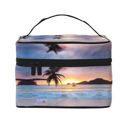 Reise-Kosmetiktasche, Motiv: tropische Palmeninsel, Reise-Kosmetiktasche, Kosmetik-Werkzeugkasten, Kosmetik-Organizer, Schwarz , Einheitsgröße von KLMELLMDE