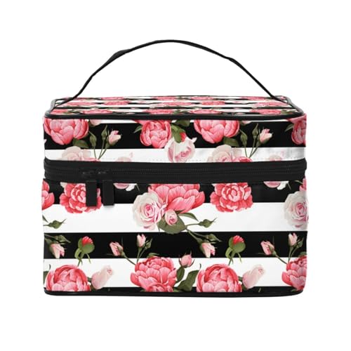 Reise-Kosmetiktasche, schwarz-weiß gestreifte Blumen, Reise-Kosmetiktasche, Kosmetik-Werkzeugkasten, Kosmetik-Organizer, Schwarz , Einheitsgröße von KLMELLMDE