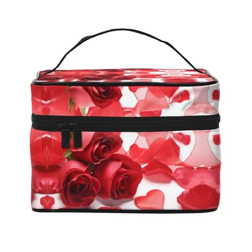Reise-Kosmetiktasche mit Rosen und roten Blütenblättern, Reise-Kosmetiktasche, Kosmetik-Werkzeugkasten, Kosmetik-Organizer, Schwarz , Einheitsgröße von KLMELLMDE
