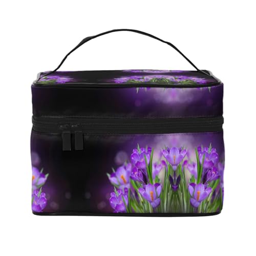 Reise-Kosmetiktasche mit grünen Blättern und violetten Blumen, Kosmetiktasche, Kosmetiktasche, Kosmetik-Organizer, Schwarz , Einheitsgröße von KLMELLMDE