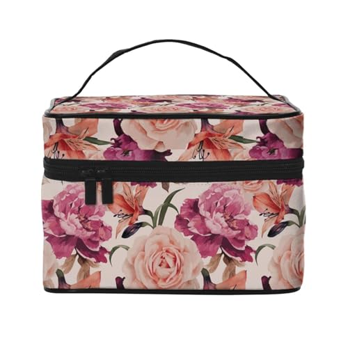 Reise-Kosmetiktasche mit rosa Blumen und Rose, Reise-Kosmetiktasche, Kosmetik-Werkzeugkasten, Kosmetik-Organizer, Schwarz , Einheitsgröße von KLMELLMDE