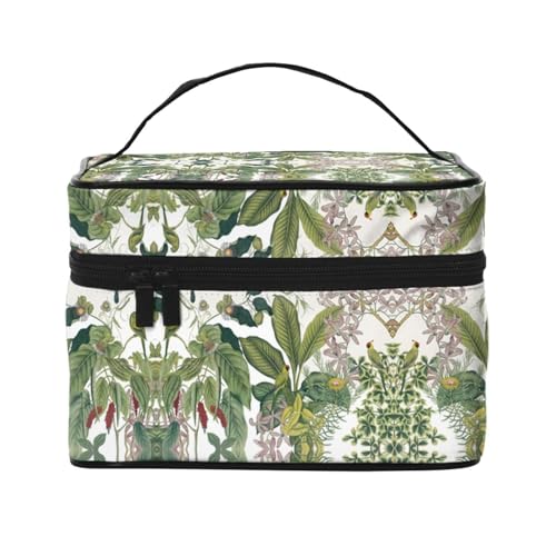 Reise-Kosmetiktasche mit tropischen Blumenblättern, Papageien, Reise-Kosmetiktasche, Kosmetik-Werkzeugkasten, Kosmetik-Organizer, Schwarz , Einheitsgröße von KLMELLMDE