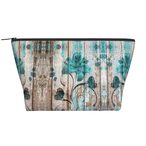 Täglicher Organizer, Blaugrüne Blume auf Holzplanke, Reise-Organizer, exquisite Kulturbeutel, Leiter, tragbarer Kosmetik-Organizer, Schreibwaren-Tasche, Schwarz , Einheitsgröße von KLMELLMDE