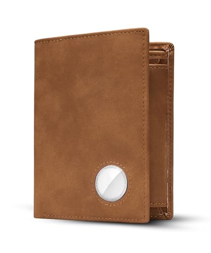 KLOMORE Geldbörse Airtag Herren Leder (Airtag Nicht Enthalten) mit Münzfach RFID Schutz Wallet Geldbeutel Portmonee Kartenetui Echtleder Portemonnaie Kreditkartenetui(Braun) von KLOMORE
