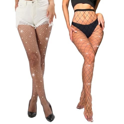KLONKEE 2 Pcs Glitzer Strumpfhosen Damen mit Strass, Netzstrumpfhose Glitzer Strumpfhose Glitzer Glitzernde Strass Netzstrumpfhosen für Karneval, Performances, Cosplay, Partys von KLONKEE