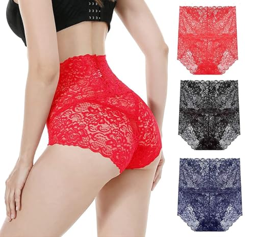 KLONKEE 3er Pack Unterhosen Damen Spitze mit Hoher Taille Damen Slip Set Spitzen Hipster Höschen unterwäsche Frauen ultraweich von KLONKEE