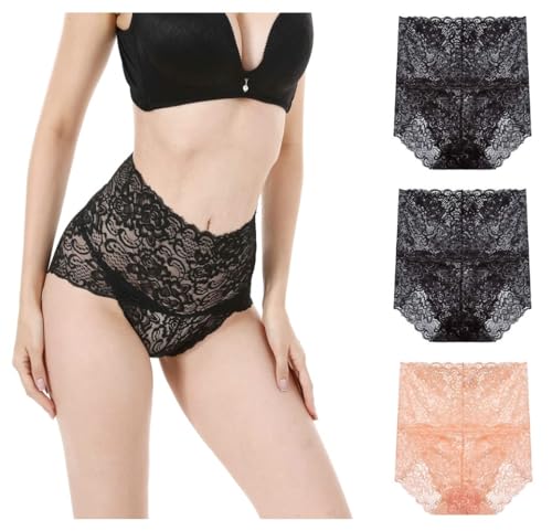 KLONKEE 3er Pack Unterhosen Damen Spitze mit Hoher Taille Damen Slip Set Spitzen Hipster Höschen unterwäsche Frauen ultraweich von KLONKEE