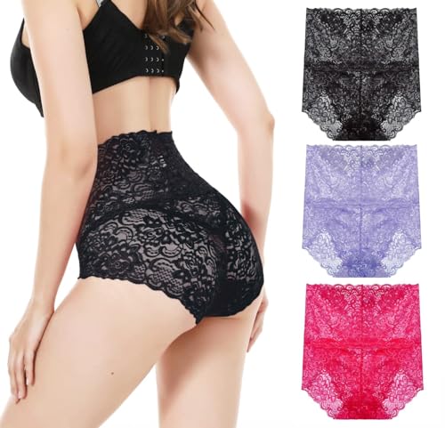 KLONKEE 3er Pack Unterhosen Damen Spitze mit Hoher Taille Damen Slip Set Spitzen Hipster Höschen unterwäsche Frauen ultraweich von KLONKEE