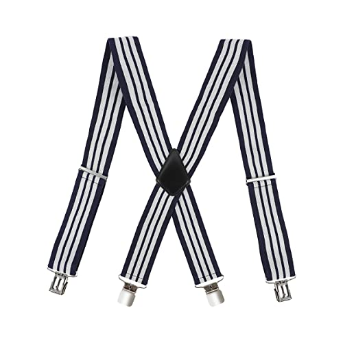 KLONKEE Herren-Hosenträger für Hosen mit starken Clips, Metallclip, verstellbar, breit, 5 cm, strapazierfähig, X-Rücken-Hosenträger gerade, Marineblau-weiße Streifen, Einheitsgröße von KLONKEE