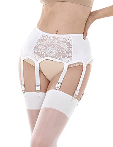 KLONKEE Mesh Strumpfgürtel Sexy Spitze Oberschenkel-Hoher Strumpf Hosenträger mit 6 Breiten Trägern Metallclip für Damen(Weiß_05) von KLONKEE