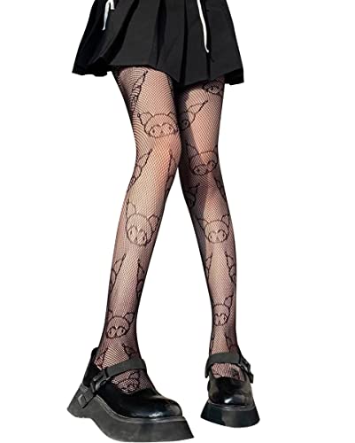 KLONKEE Muster Fischnetz Strumpfhose Hohe Taille Strümpfe Mode Leggings Strumpfhose für Frauen, Schwarz-Kuromi, One size von KLONKEE