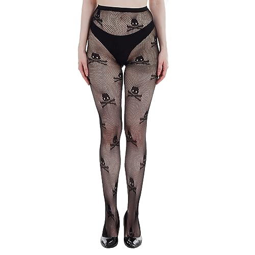 KLONKEE Netzstrumpfhose Schwarz Muster Strumpfhosen für Damen, Fishnet Stockings Strumpfhosen Netzstrümpfe Fischnetz Strümpfe Sexy Elastisch Hohe Taille Strumpfhosen(Schädel) von KLONKEE