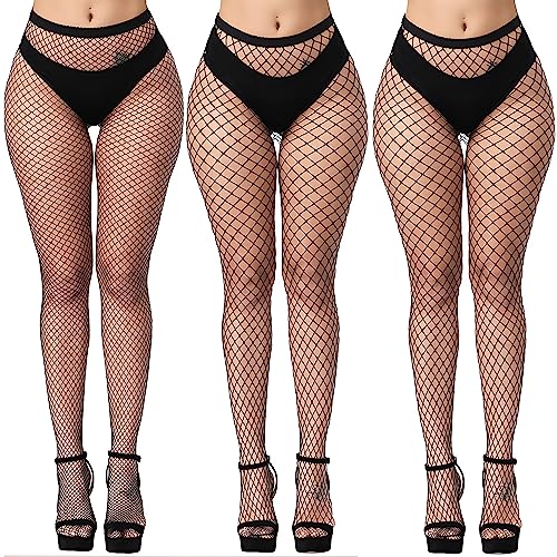 KLONKEE 3 PCS Netzstrumpfhose Schwarz für Damen, Fishnet Stockings Strumpfhosen Netzstrümpfe Fischnetz Strümpfe Elastisch Hohe Taille Strumpfhosen von KLONKEE