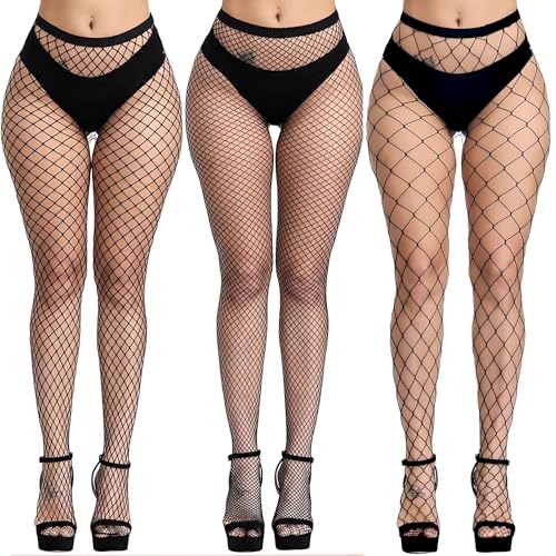 KLONKEE 3 PCS Netzstrumpfhose Schwarz für Damen, Fishnet Stockings Strumpfhosen Netzstrümpfe Fischnetz Strümpfe Elastisch Hohe Taille Strumpfhosen von KLONKEE