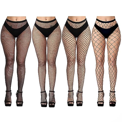 KLONKEE Netzstrumpfhose Schwarz für Damen, Fishnet Stockings Strumpfhosen Netzstrümpfe Fischnetz Strümpfe Sexy Elastisch Hohe Taille Strumpfhosen（4 PCS） von KLONKEE