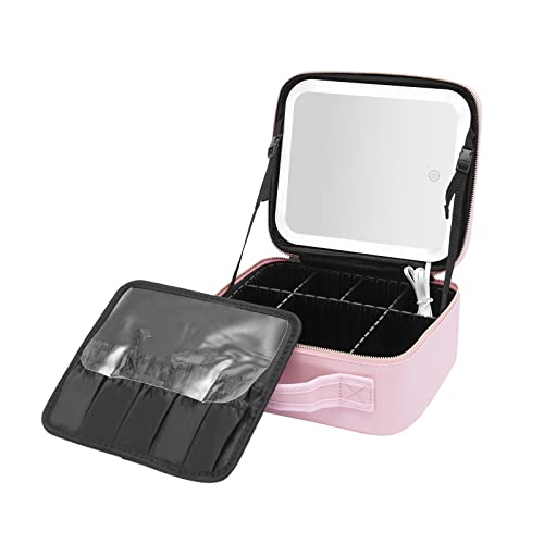 Reise Make-up Tasche Kosmetiktasche mit Beleuchtetem Spiegel 3 Farben LED Licht Multi Tragbare Reiseaufbewahrung Make Up Organizer mit Verstellbare Trennwände (Rosa) von KLOOLIVE