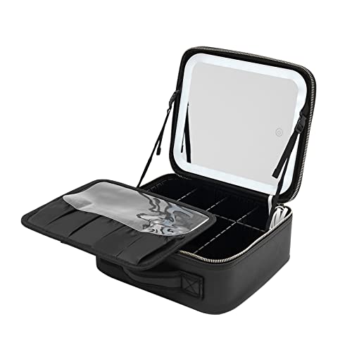Reise Make-up Tasche Kosmetiktasche mit Beleuchtetem Spiegel 3 Farben LED Licht Multi Tragbare Reiseaufbewahrung Make Up Organizer mit Verstellbare Trennwände (Schwarz) von KLOOLIVE