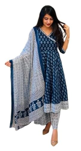 KLOSIA Anarkali Kurta und Hose, mit blauem Blockdruck, mit Dupatta, Blau, Small von KLOSIA