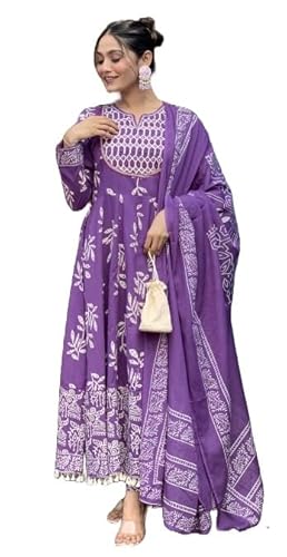 KLOSIA Bedrucktes Anarkali-Kurta- und Hosenset mit Dupatta für Damen, Violett, XXL von KLOSIA
