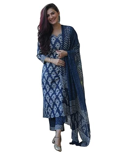 KLOSIA Frauen Blau Indigo Gedruckt Kurta Set Mit Dupatta, Indigoblau, M von KLOSIA